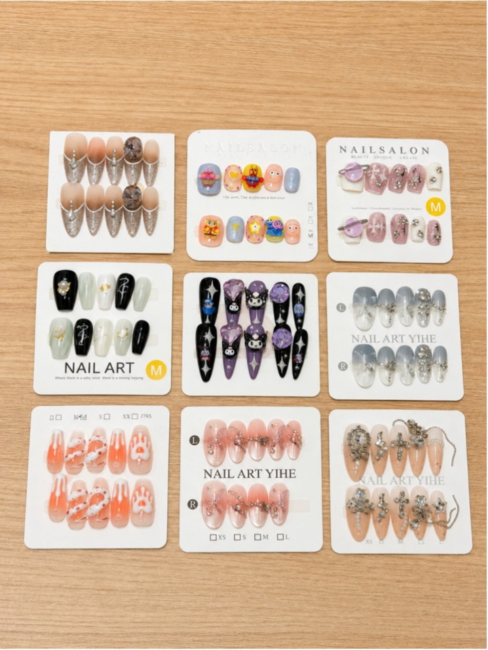 Lot of 9 Press On Nail Sets Handmade False Nails 3D Rhinestone Cartoon French Gl